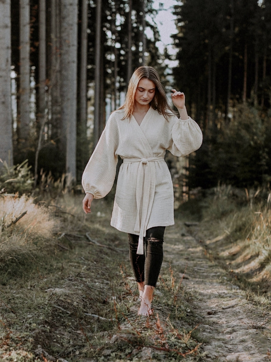 MOLLY midi kimono s dlouhým rukávem - krémové