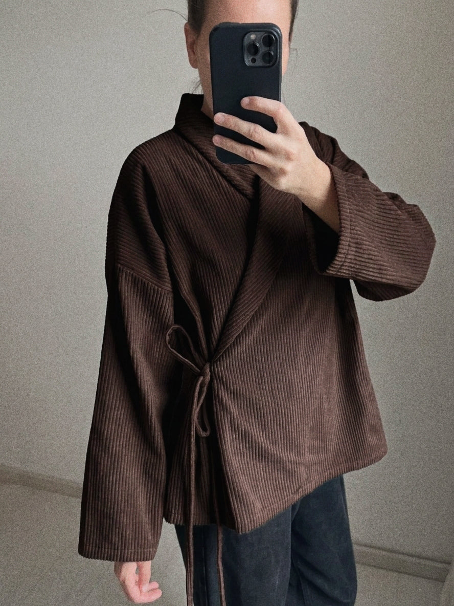 Menčestrová prechodná kimono bunda - čokoládová