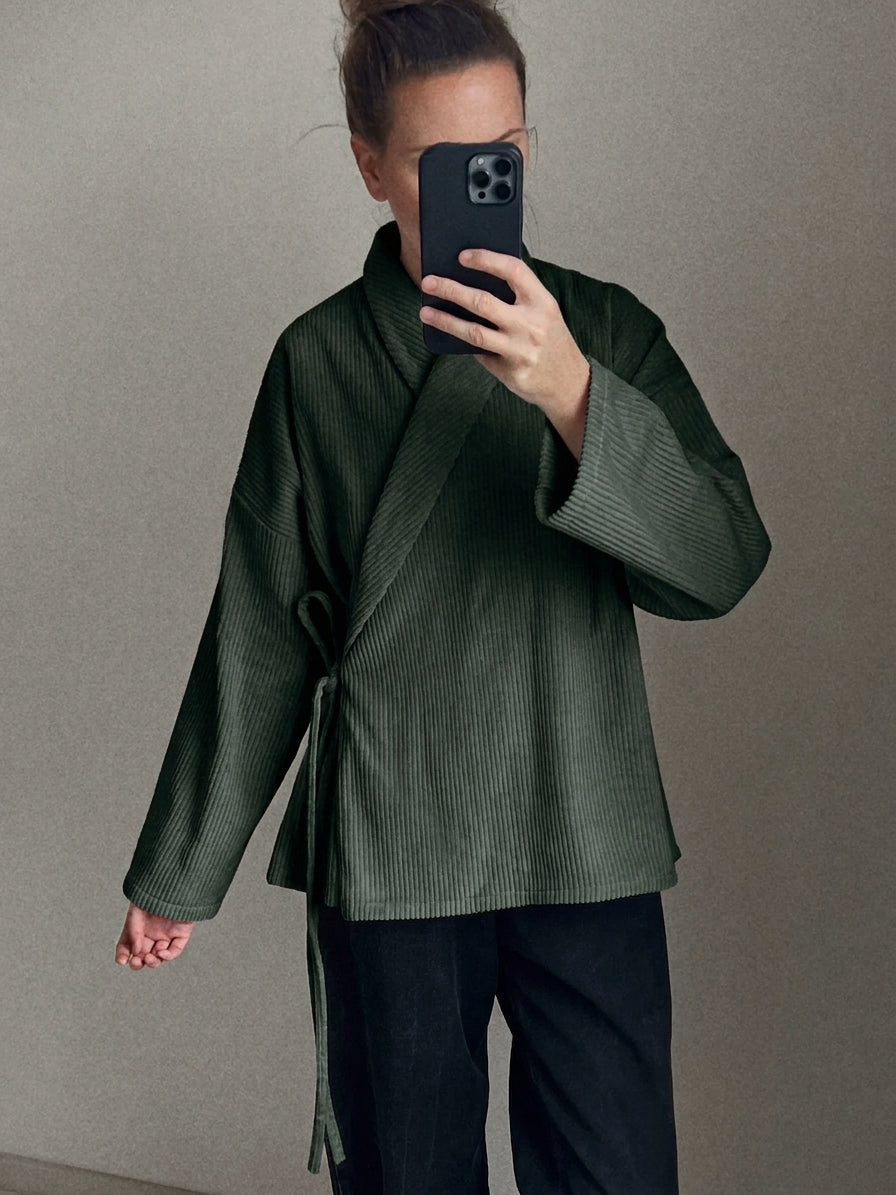 Menčestrová prechodná kimono bunda - olivová