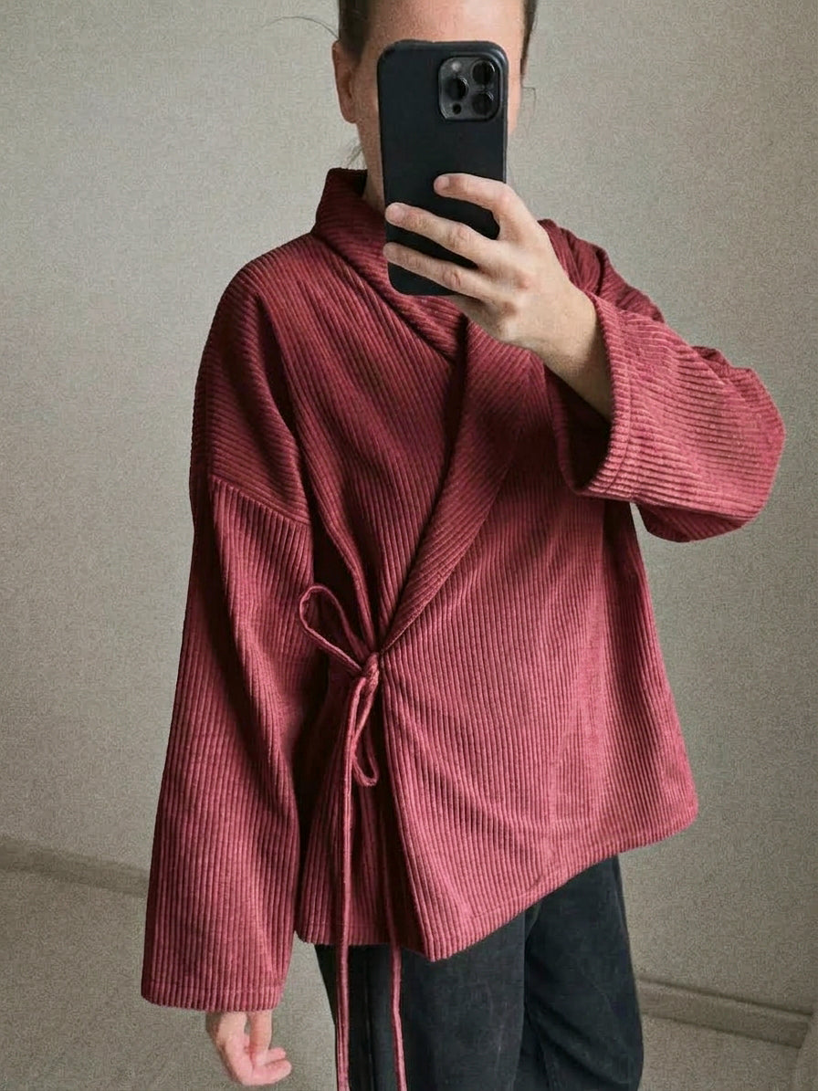 Menčestrová prechodná kimono bunda - tmavo rúžová