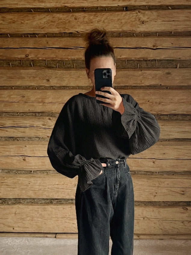RONJA top s volánovým rukávem - černý