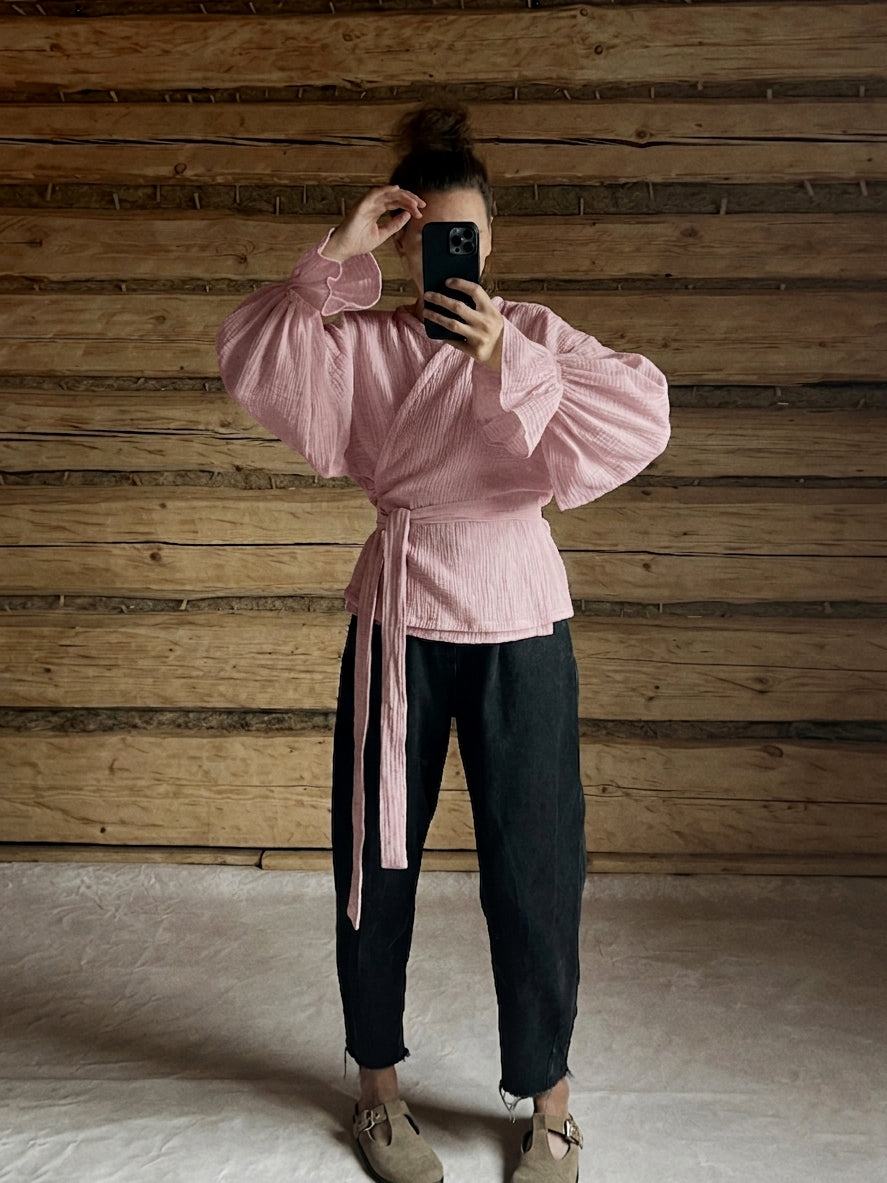 MOLLY kimono top s volánovým rukávem - pudrově růžový