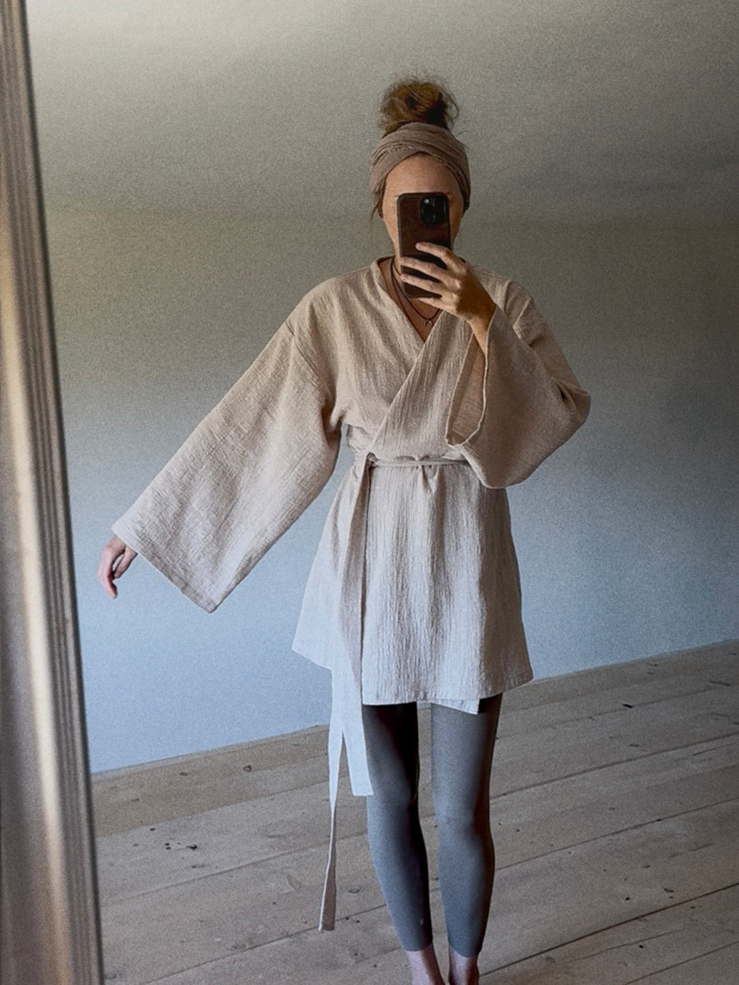 RAY midi kimono s dlouhým rukávem - přírodní