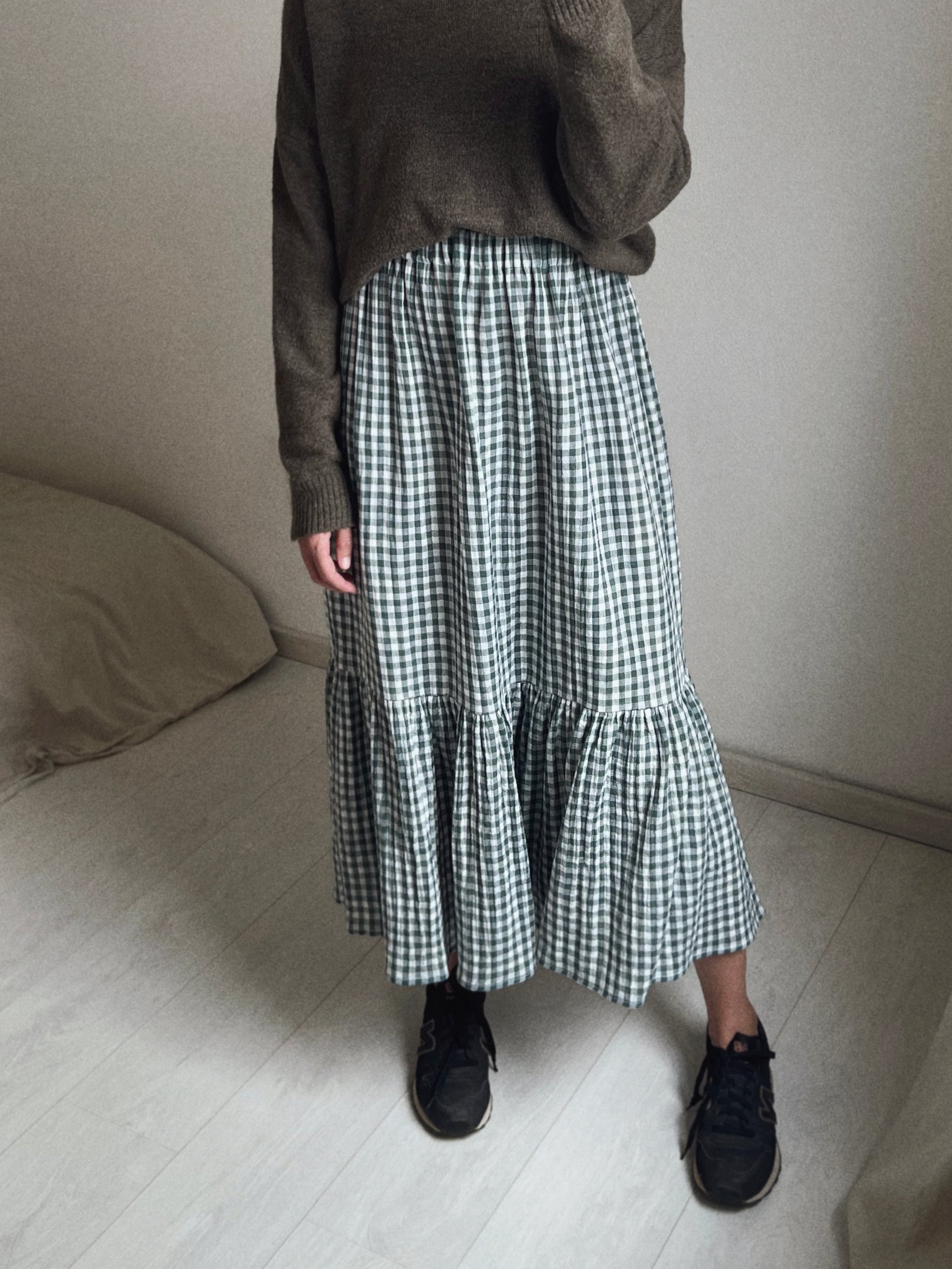 Sukně s volánem - zelené malé káro